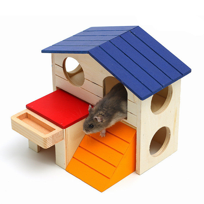 Wooden Hamster Chalet - Blue Top Villa for Small Pets